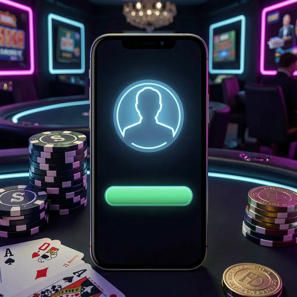 CW773 casino app login screen displayed on a smartphone with a glowing user profile icon, surrounded by poker chips, playing cards, and coins against an elegant dark background with neon highlights