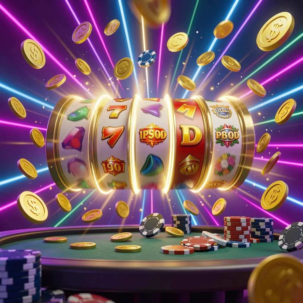 CW773 free spins bonus concept showing colorful slot machine reels spinning with golden light effects, coins flying around, jackpot symbols, and casino chips on a table against a vibrant neon background in a dynamic motion 3D render
