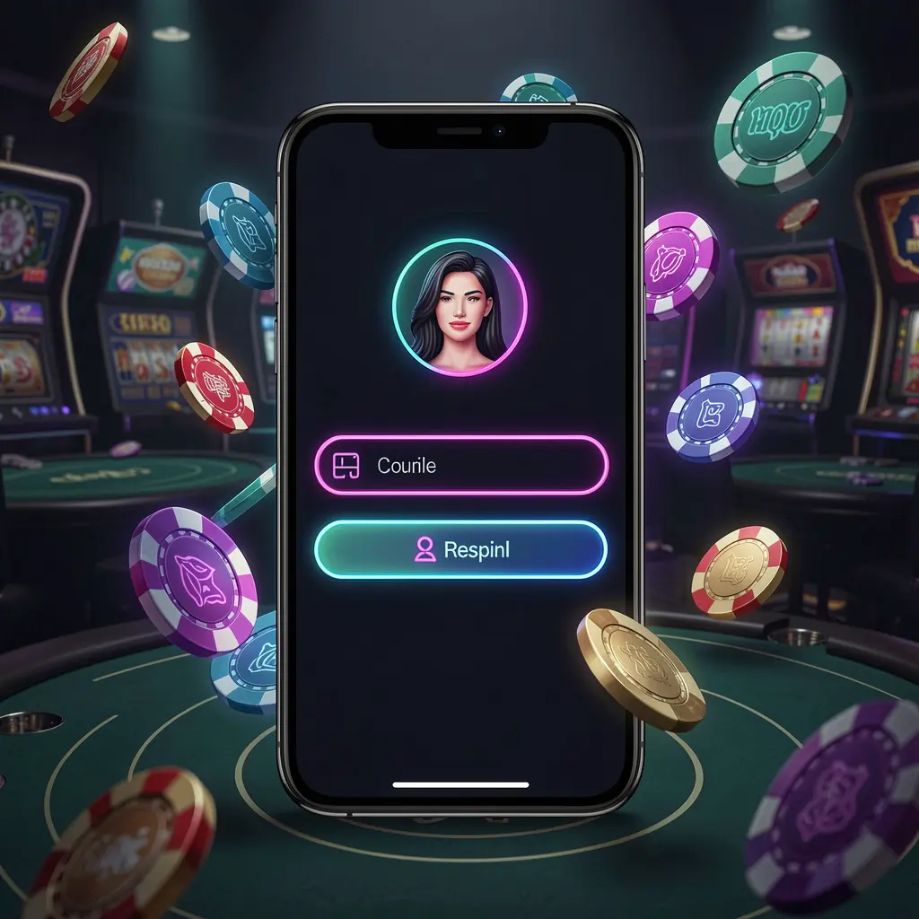 CW773 mobile casino login screen showing abstract user profile and password fields with neon glow, chips and coins flying around in a dark premium casino atmosphere