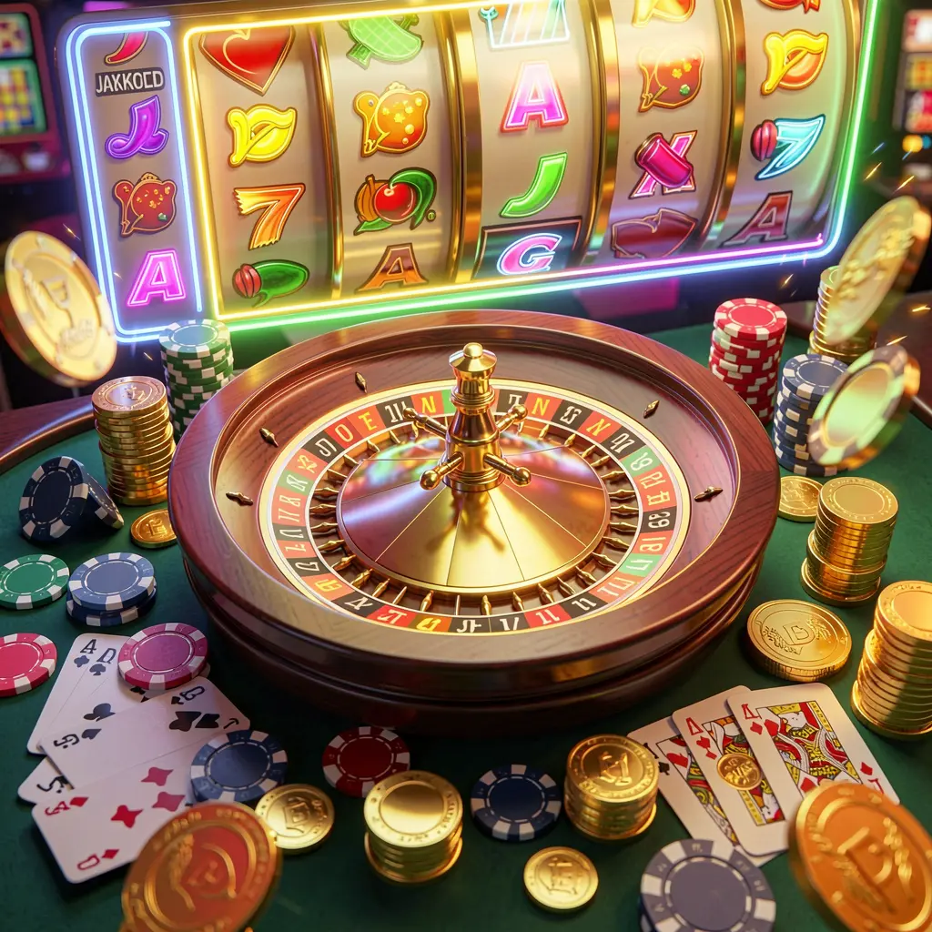 CW773 casino homepage visual featuring a realistic 3D render of a roulette wheel, poker chips, playing cards, golden coins, and vibrant jackpot lights with bright neon glow in a dynamic composition